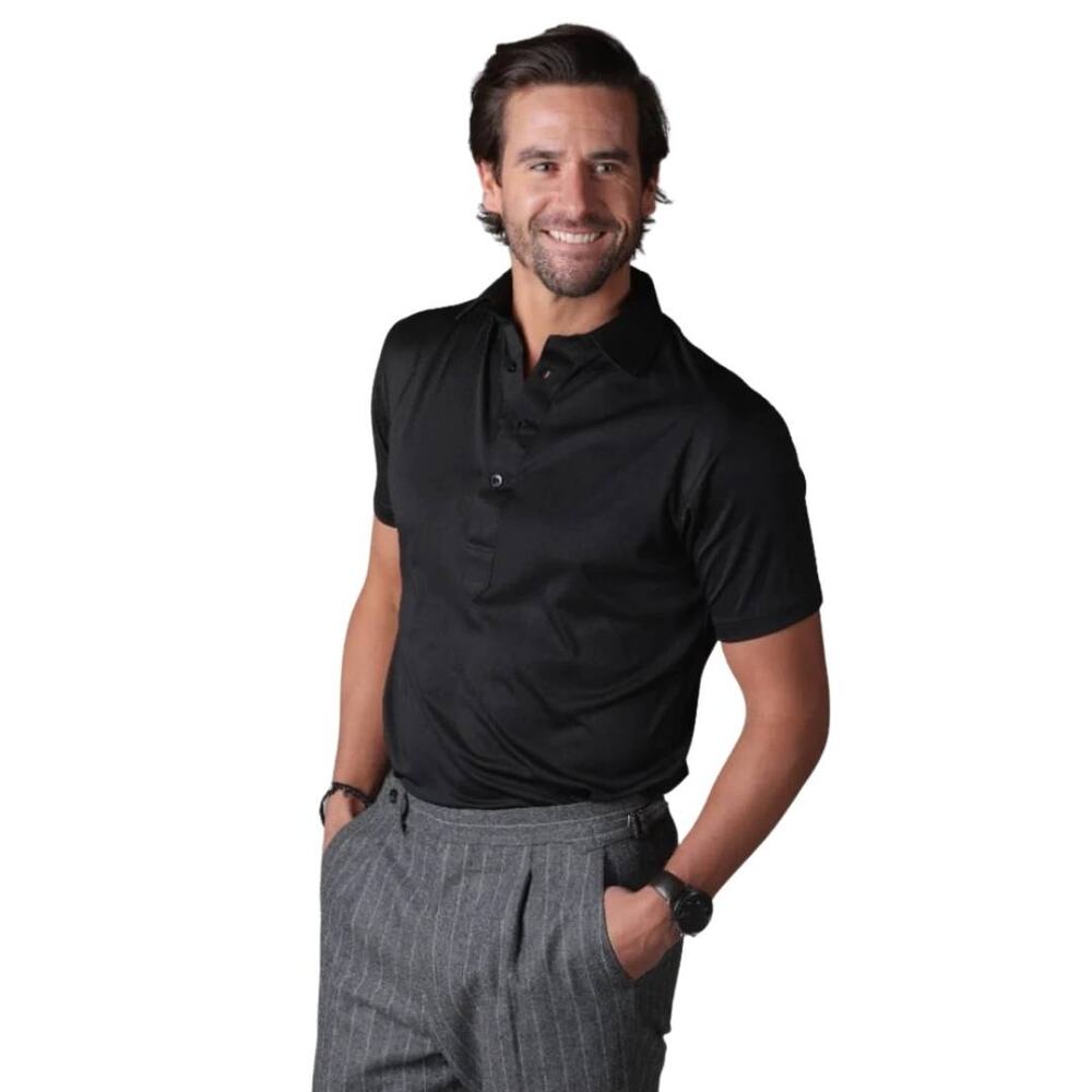 COLLARS & CO Mens Semi Spread Button Collar Polo Black NWOT Small Relaxed
